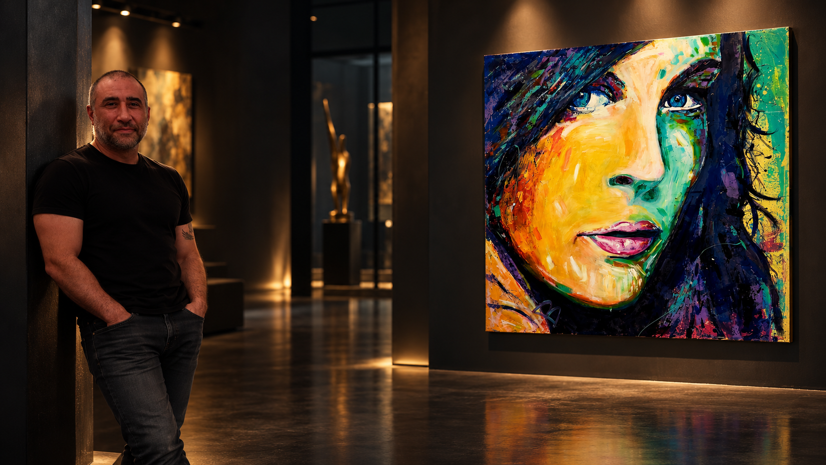 Eddie Baldado beside a large portrait painting in a gallery